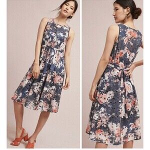 Hemant & Nandita Lazuli Floral Eyelet Dress OP  Embroidered Unlined Tie Waist